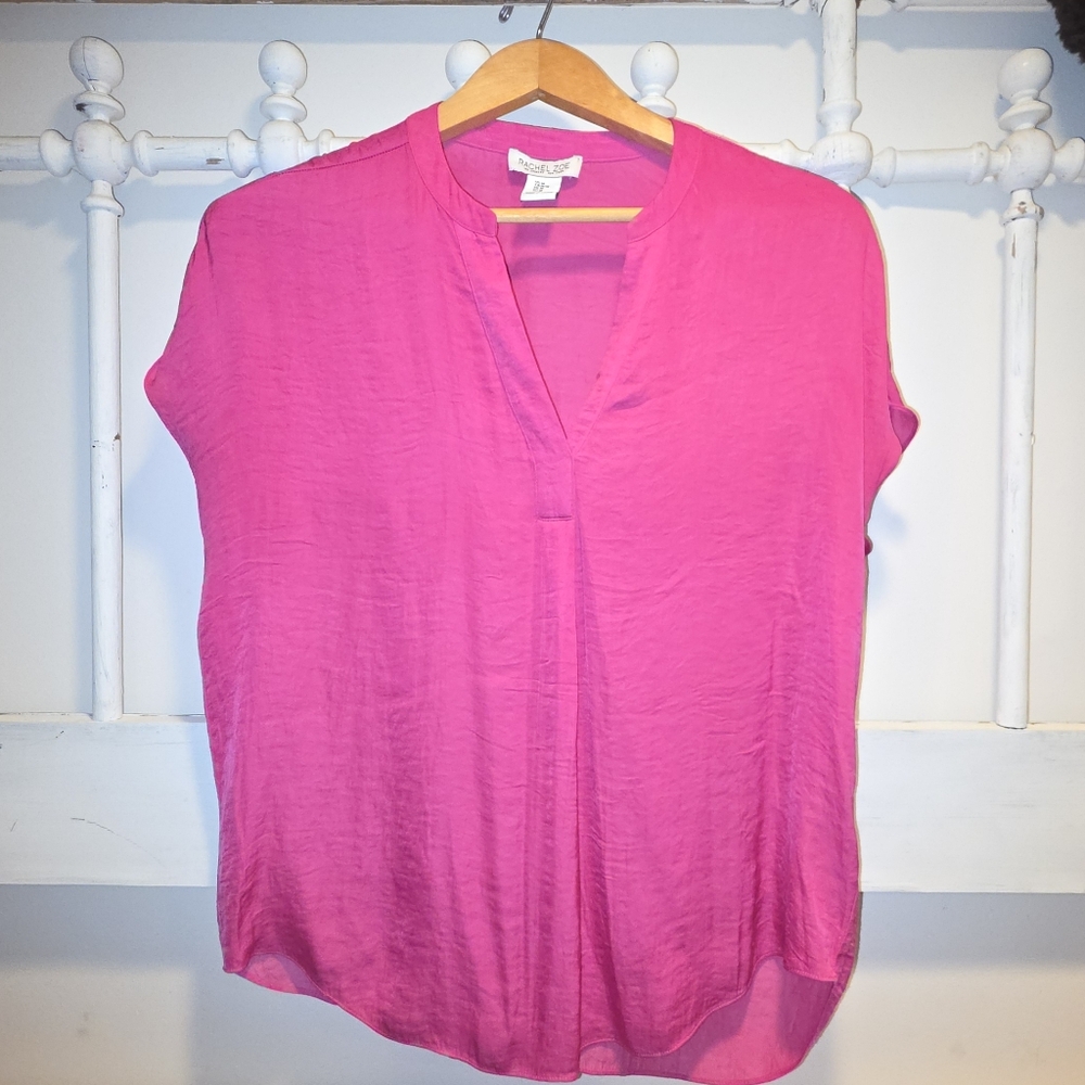 RACHEL ZOE Hot Pink Blouse, Silk Look Split Neck Top. Cap Sleeves - Picture 6 of 8